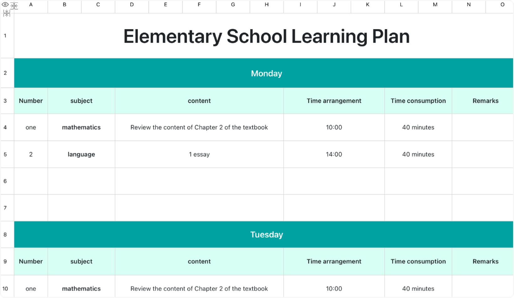 Learning plan for primary school students 1